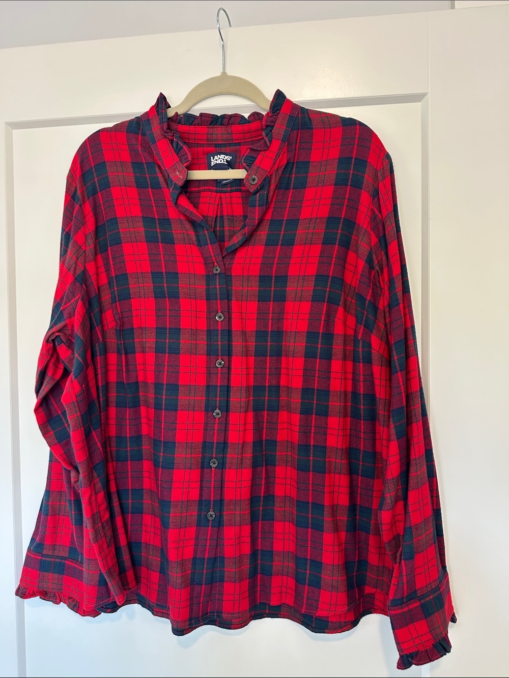 Lands' End Red and Black Plaid Button-Down Shirt
